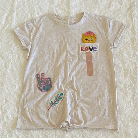 Jessica Simpson Other - Jessica Simpson Beige Graphic Tee with Colorful Patches Tween SZ XL